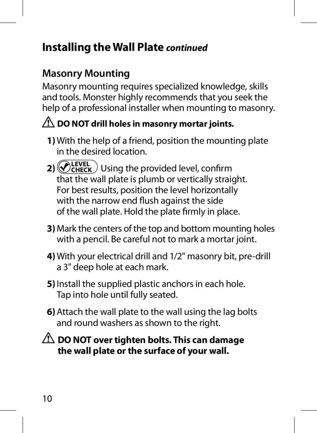 Monster Cable 300S warranty Installing the Wall Plate, Masonry Mounting, Wall plate. Hold the plate ﬁrmly in place 