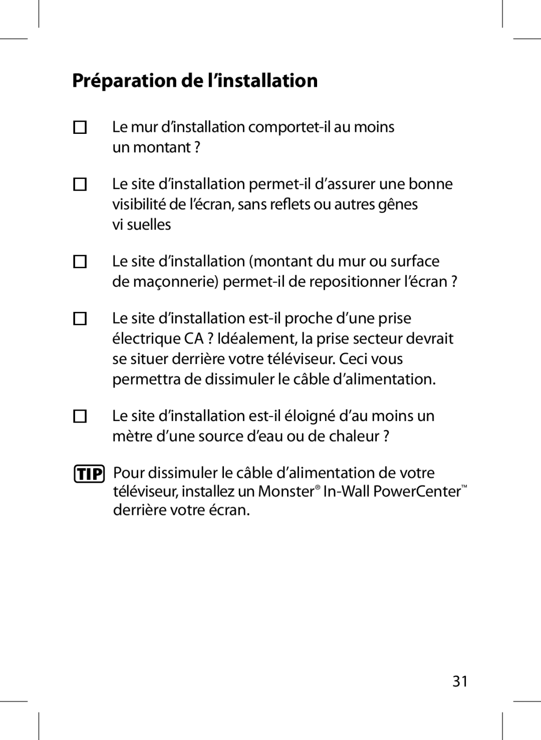 Monster Cable 300S Préparation de l’installation, Le mur d’installation comportet-il au moins un montant ?, Vi suelles 