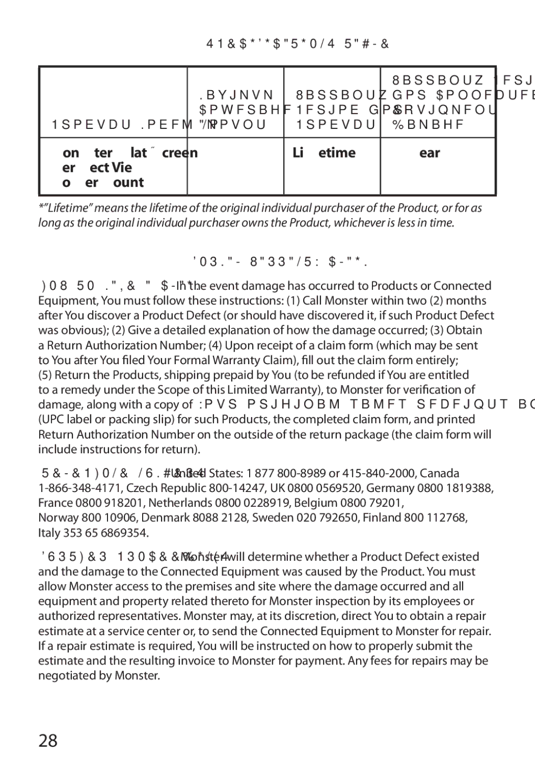 Monster Cable 350S warranty Specifications Table, Formal Warranty Claim 