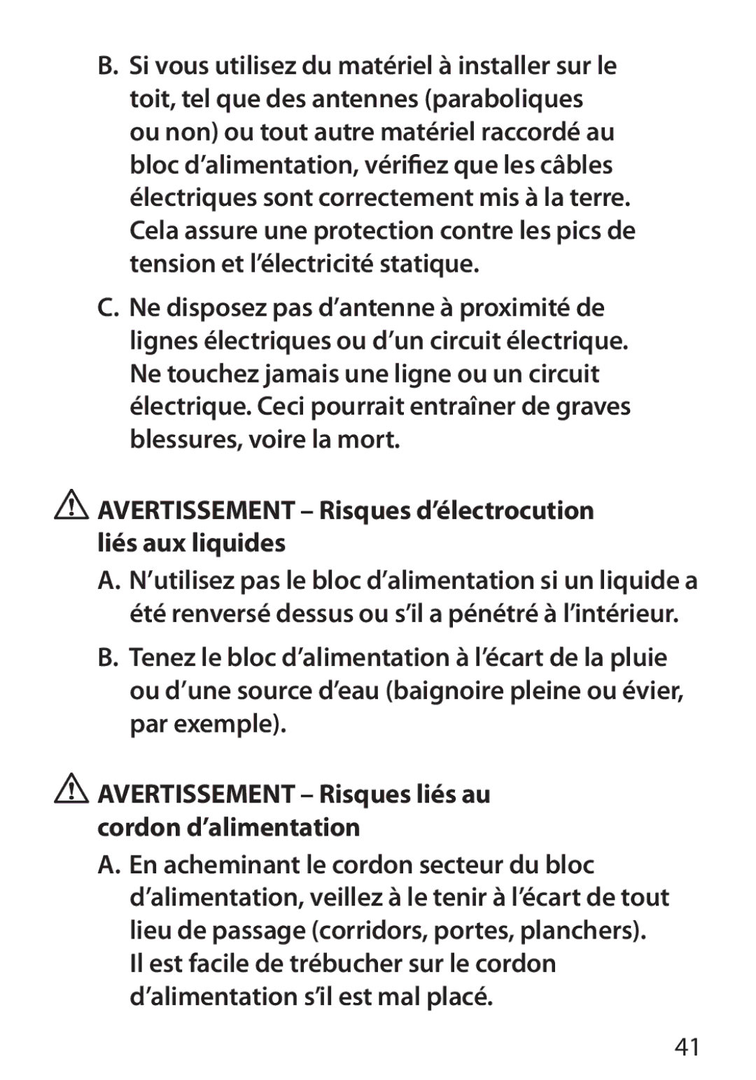 Monster Cable 350S warranty Avertissement Risques d’électrocution liés aux liquides 