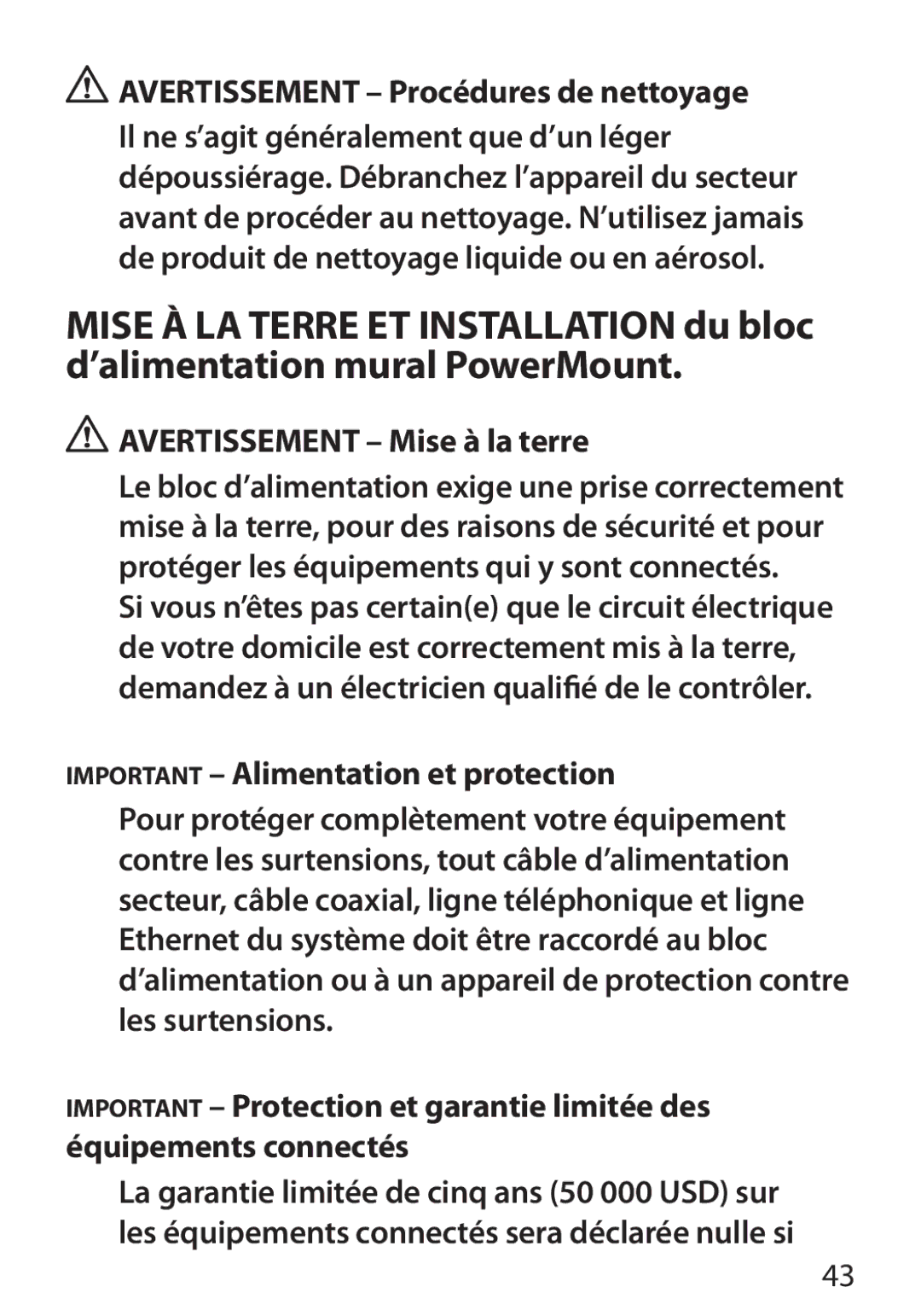 Monster Cable 350S warranty Avertissement Procédures de nettoyage, Avertissement Mise à la terre 