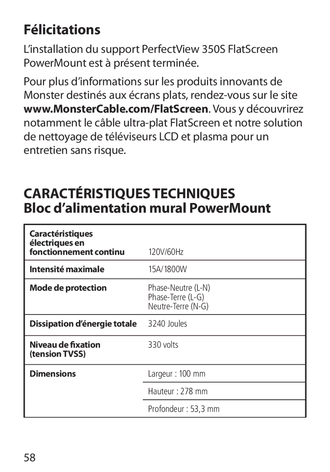 Monster Cable 350S warranty Félicitations, Bloc d’alimentation mural PowerMount 