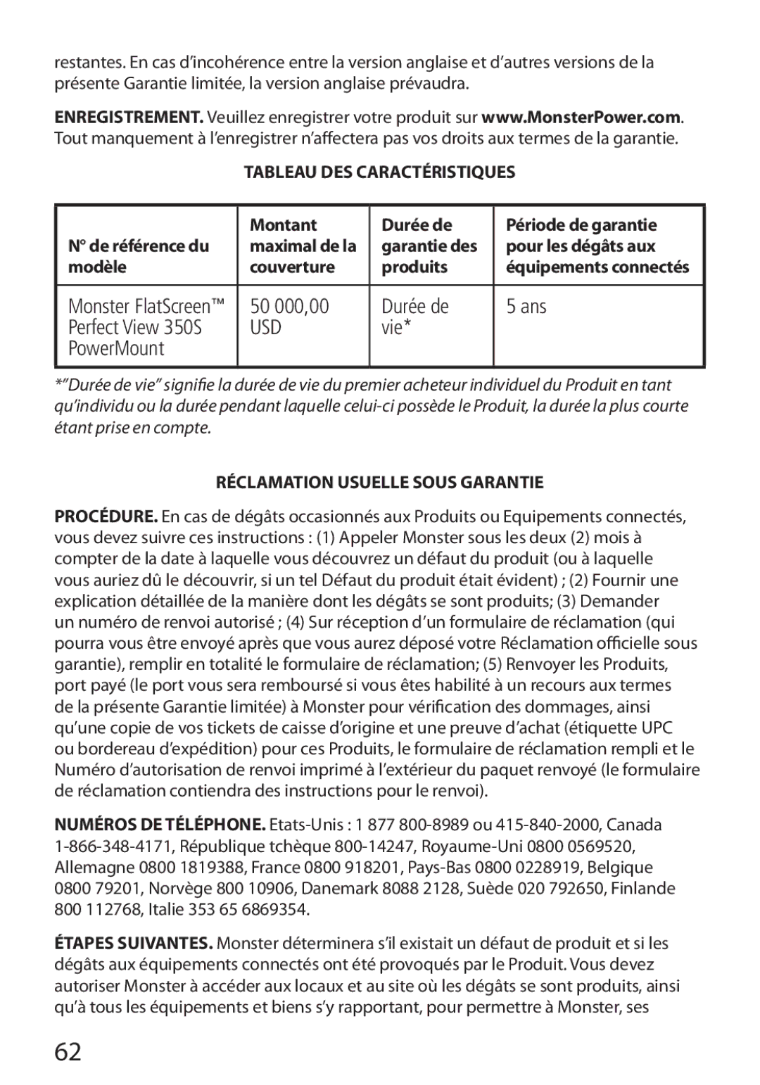 Monster Cable 350S warranty Tableau DES Caractéristiques, Réclamation Usuelle Sous Garantie 