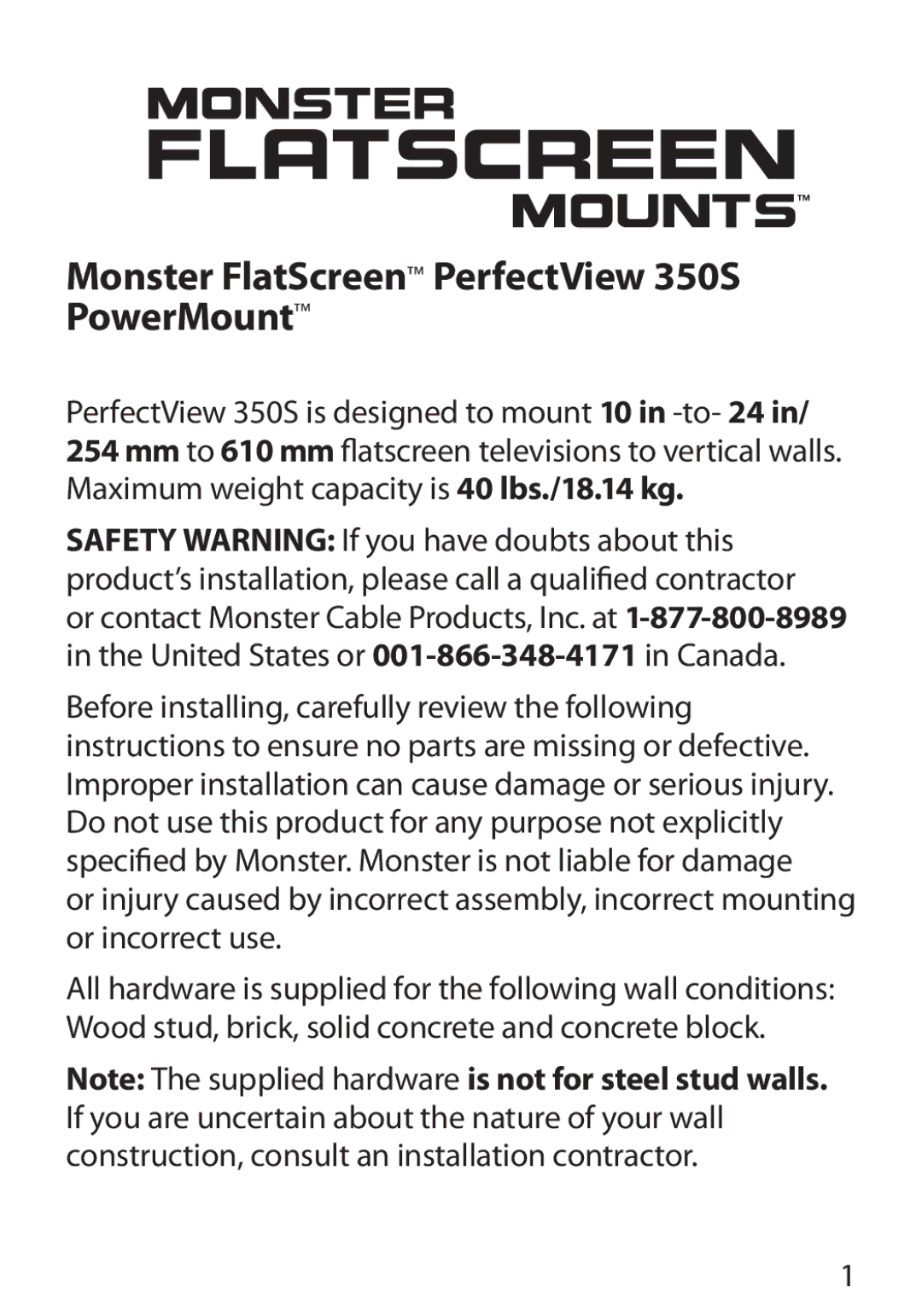 Monster Cable warranty Monster FlatScreen PerfectView 350S PowerMount 