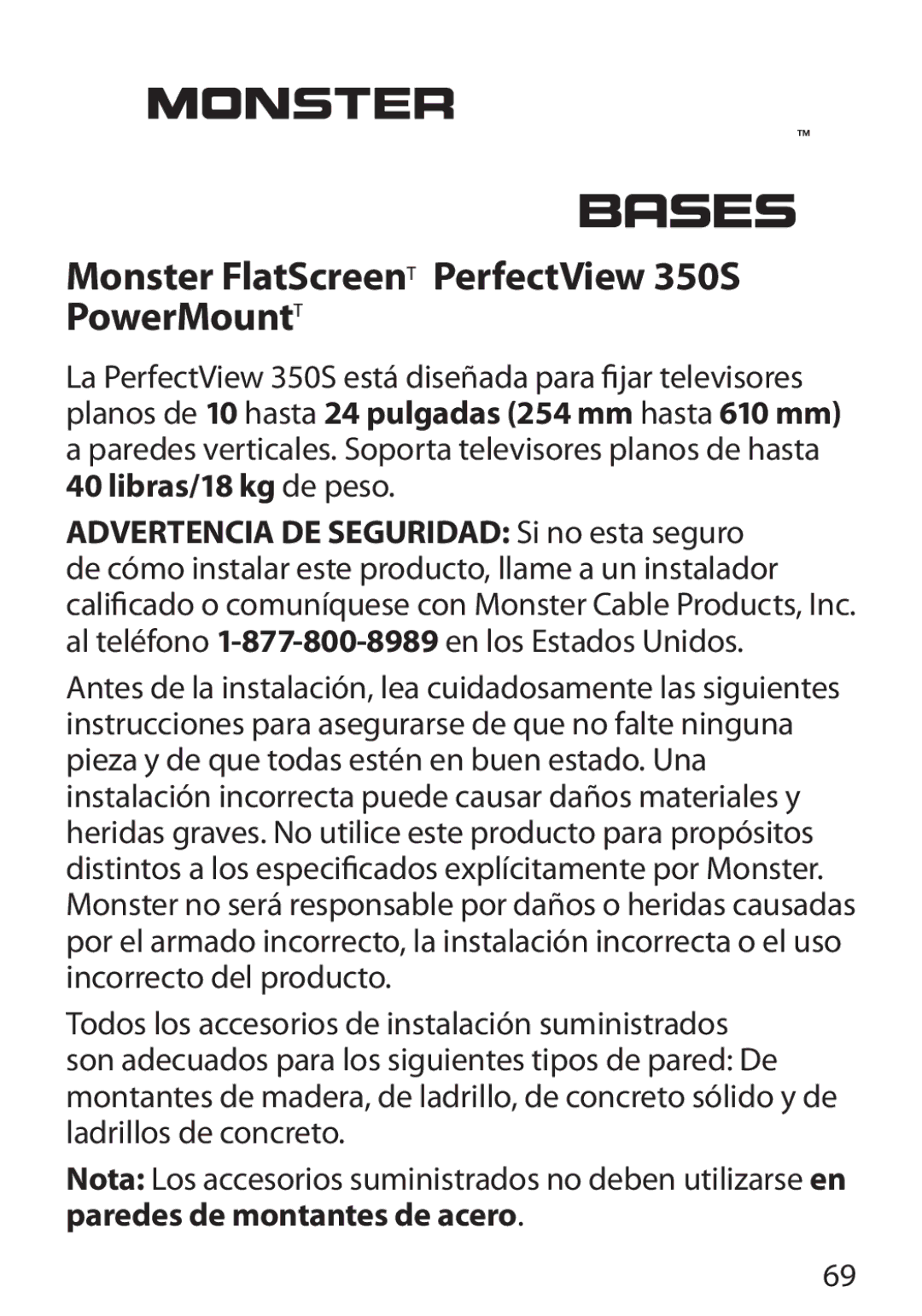 Monster Cable warranty Monster FlatScreen PerfectView 350S PowerMount 