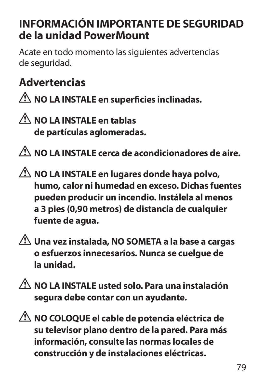 Monster Cable 350S warranty Información Importante DE Seguridad de la unidad PowerMount, Advertencias 