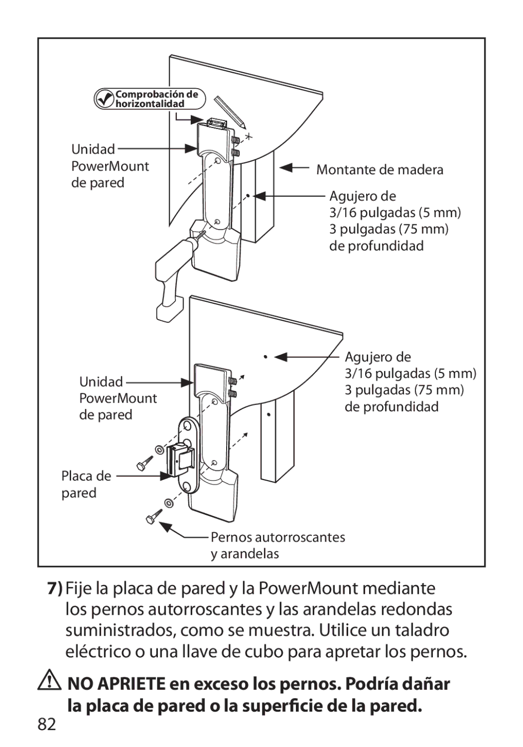 Monster Cable 350S warranty Unidad PowerMount Montante de madera De pared Agujero de 