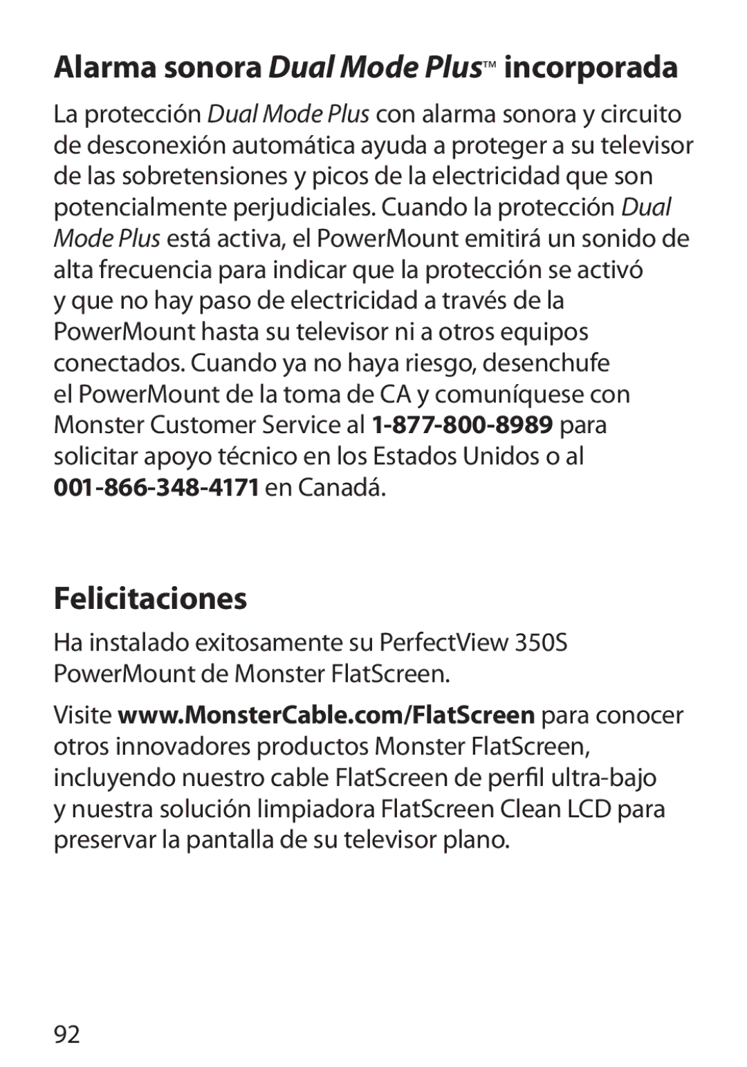 Monster Cable 350S warranty Alarma sonora Dual Mode Plus incorporada, Felicitaciones 