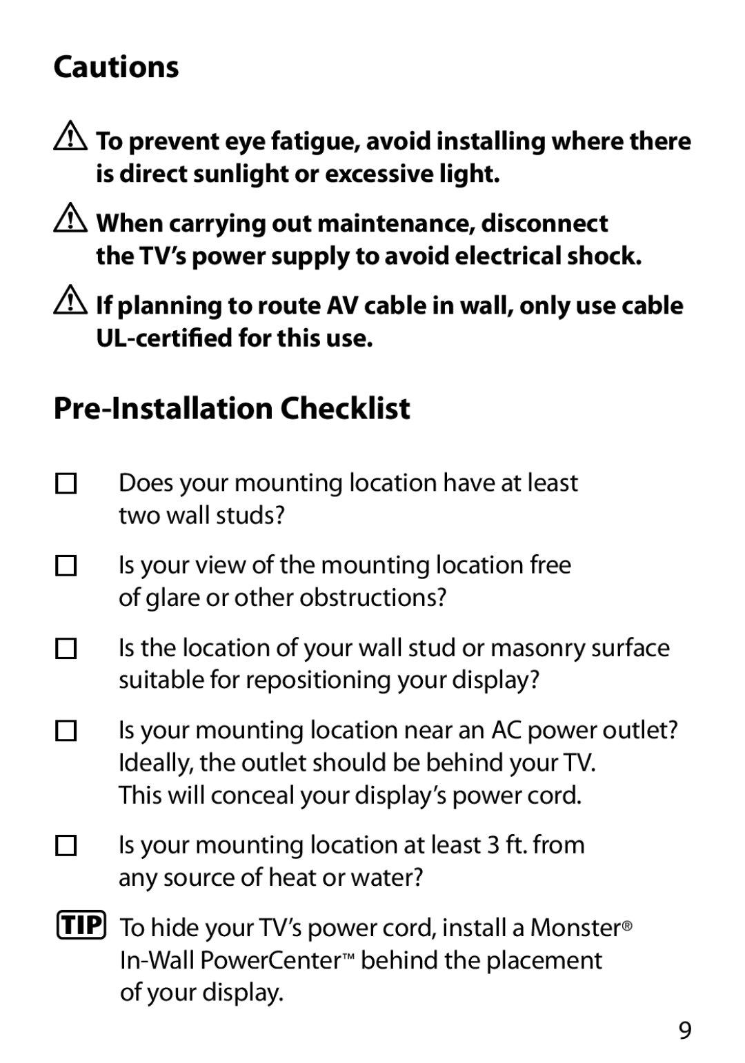 Monster Cable 400L warranty Pre-Installation Checklist 