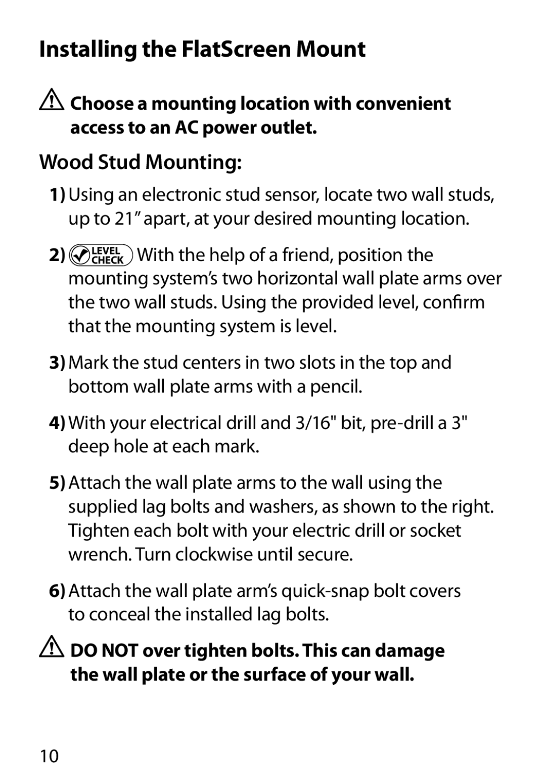 Monster Cable 400L warranty Installing the FlatScreen Mount, Wood Stud Mounting 