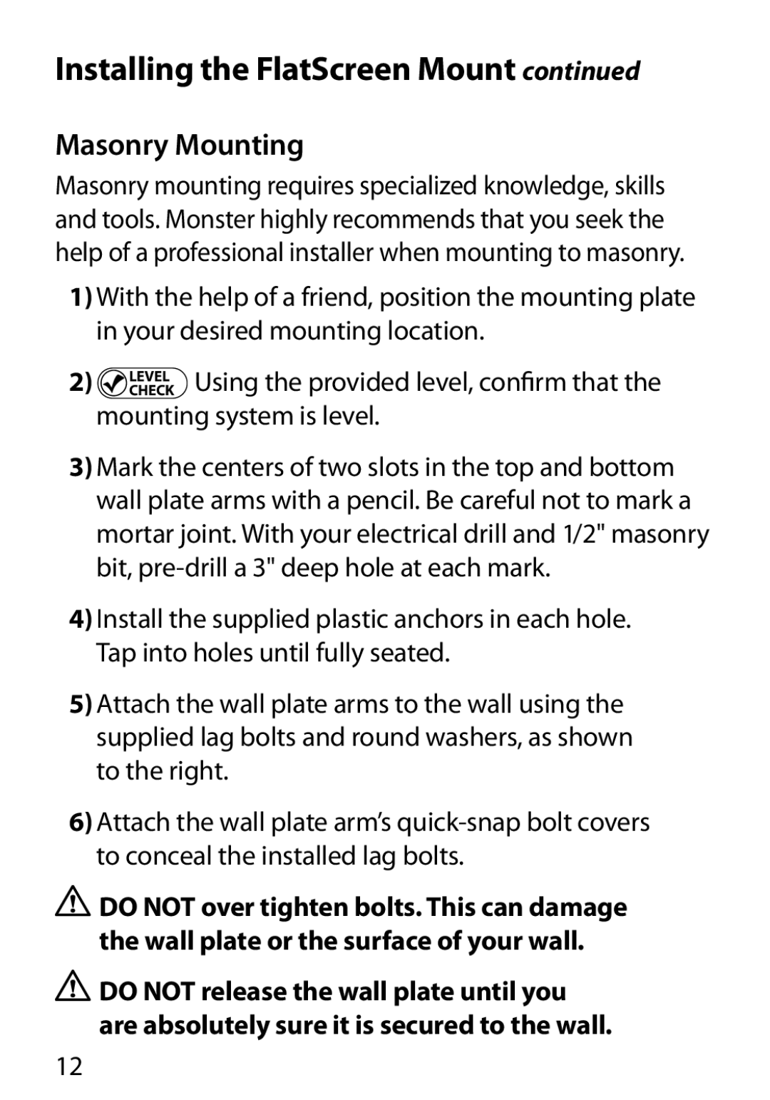 Monster Cable 400L warranty Masonry Mounting, Mounting system is level 