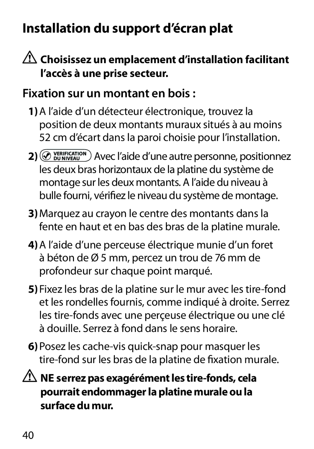 Monster Cable 400L warranty Installation du support d’écran plat, L’aide d’une perceuse électrique munie d’un foret 