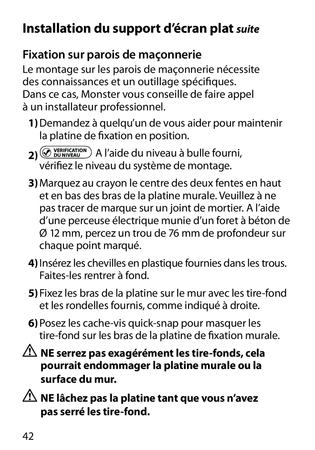 Monster Cable 400L warranty Installation du support d’écran plat suite, Fixation sur parois de maçonnerie 