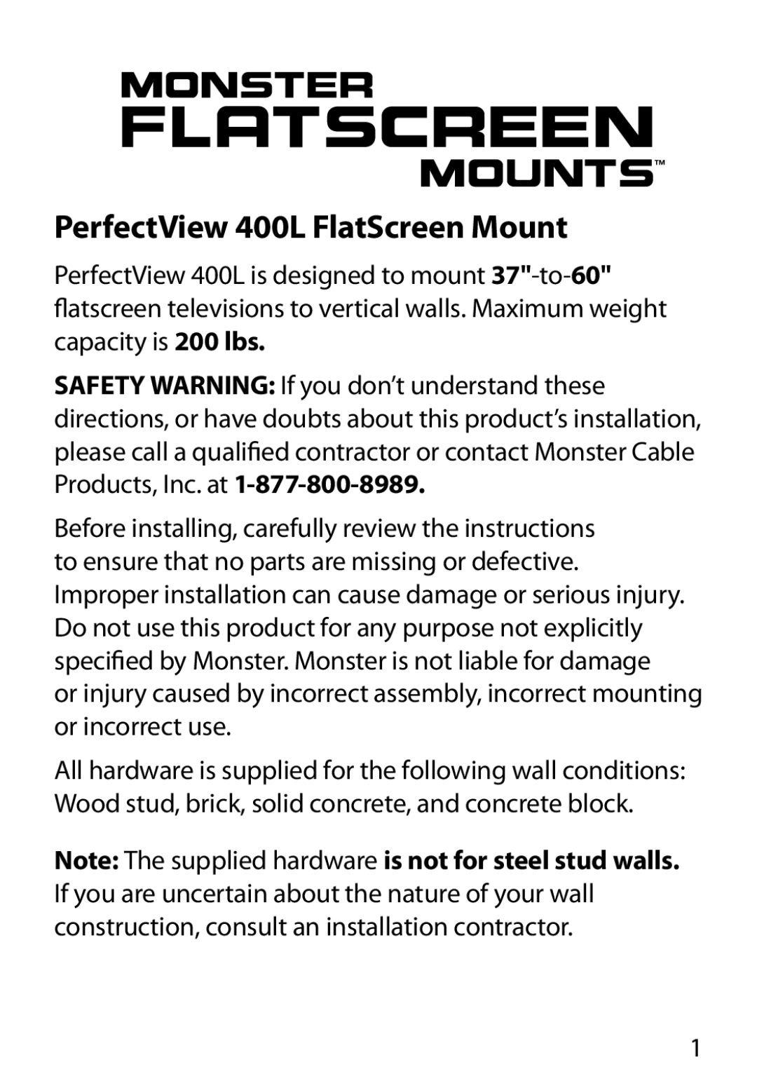 Monster Cable warranty PerfectView 400L FlatScreen Mount 