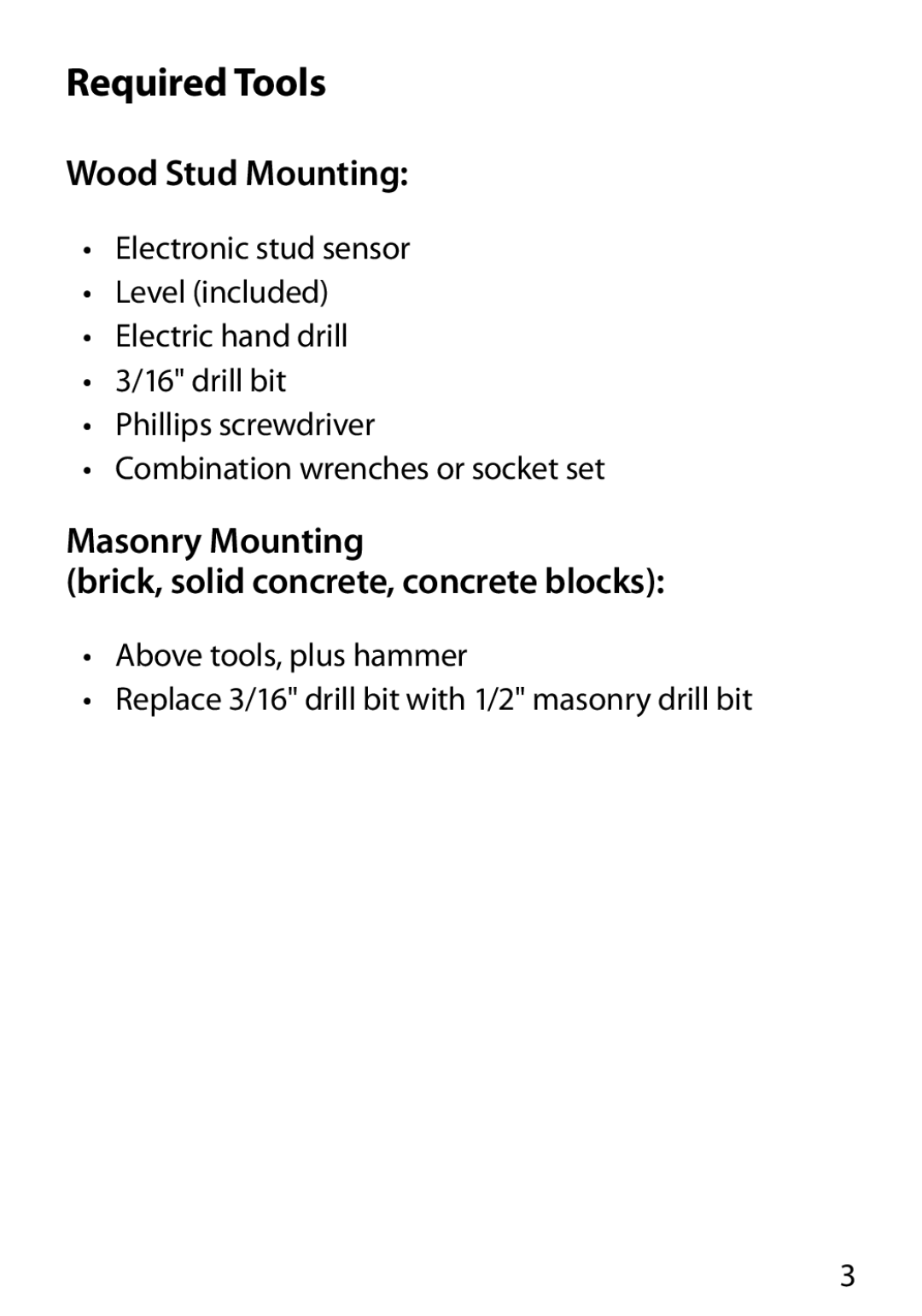 Monster Cable 400L warranty Required Tools, Wood Stud Mounting, Masonry Mounting Brick, solid concrete, concrete blocks 