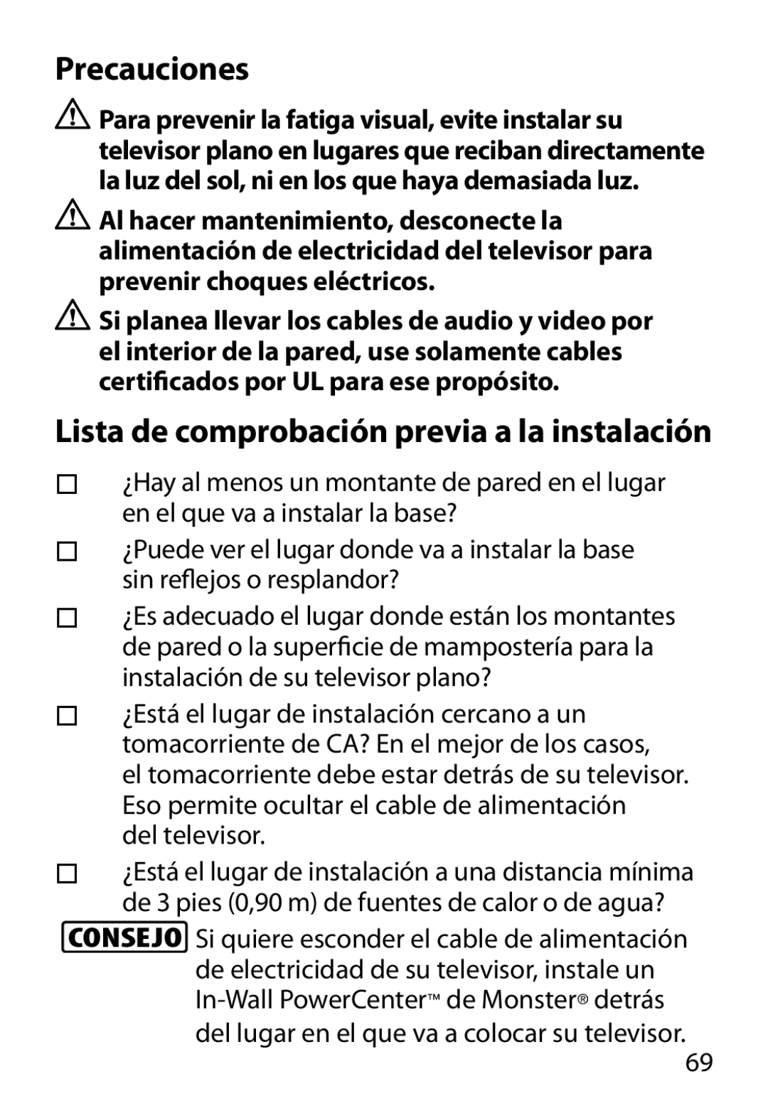 Monster Cable 400L warranty Precauciones, Lista de comprobación previa a la instalación, Del televisor 