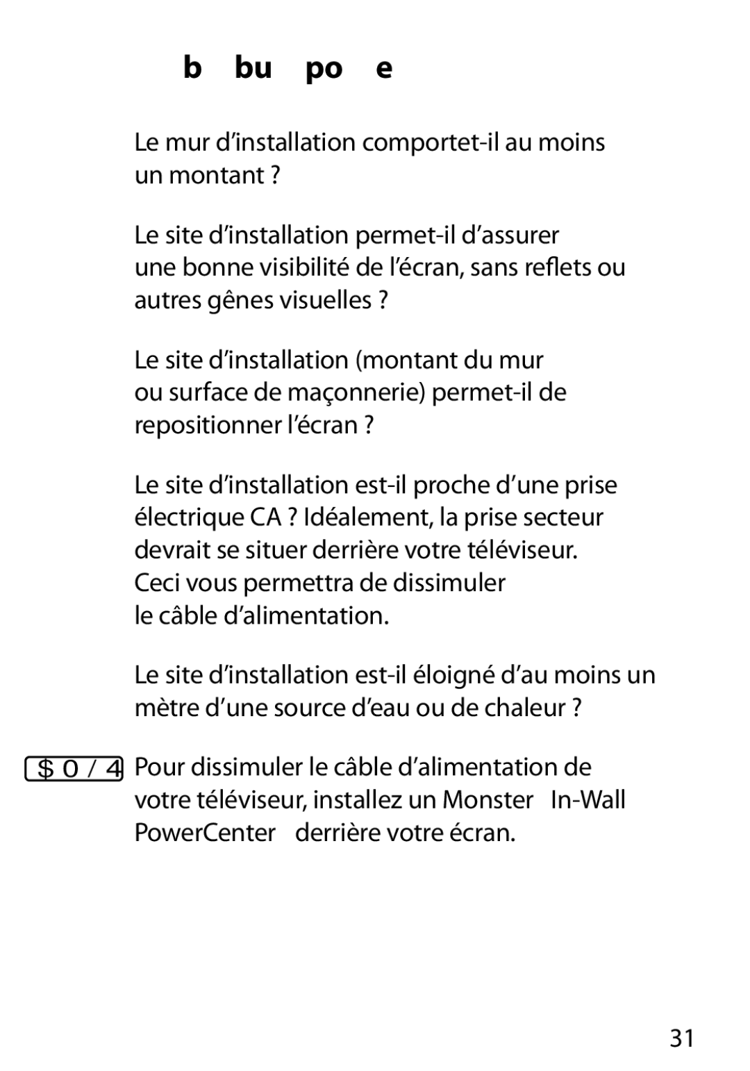 Monster Cable 400S warranty Préparation de l’installation, Le câble d’alimentation 