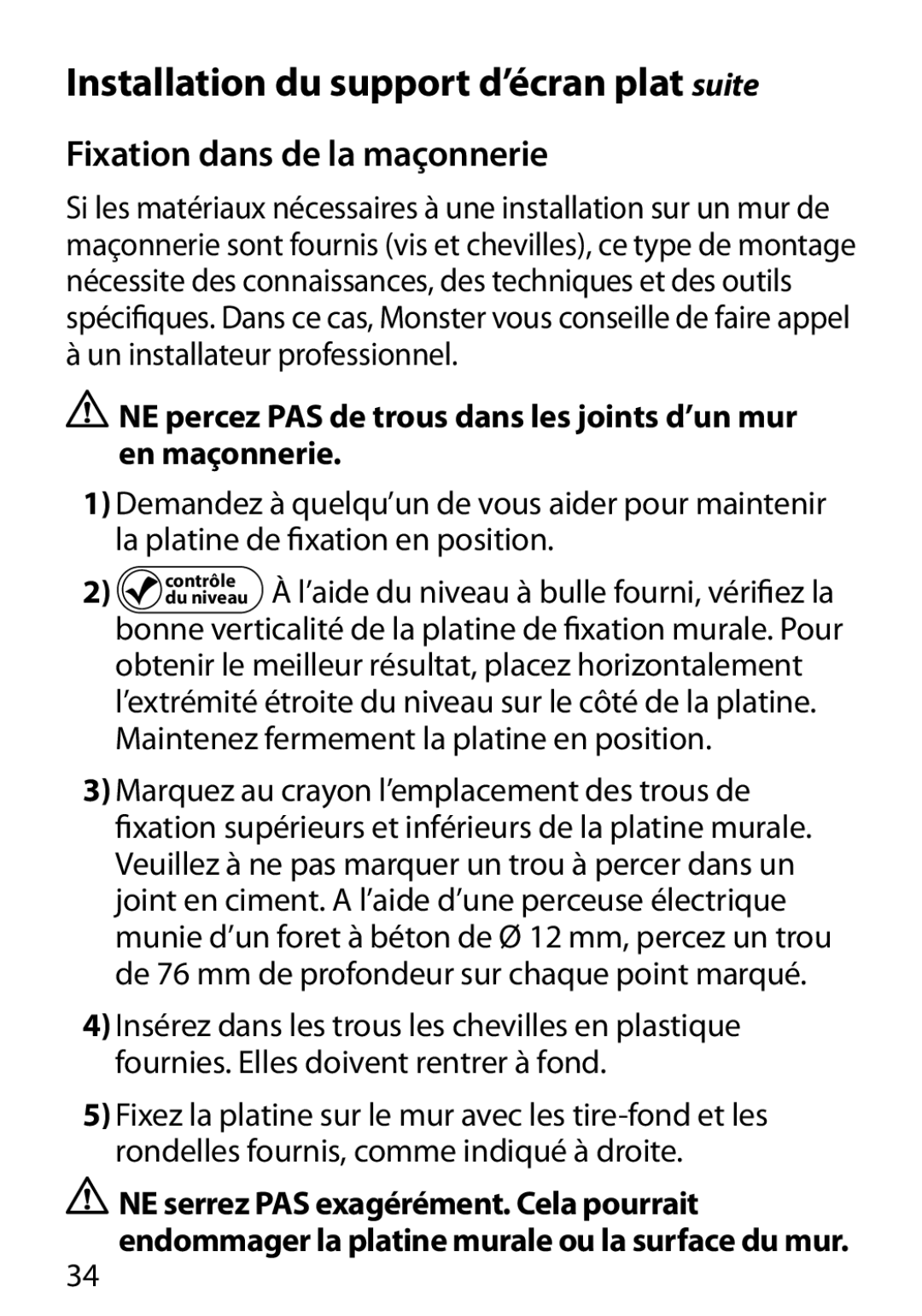 Monster Cable 400S warranty Installation du support d’écran plat suite, Fixation dans de la maçonnerie 