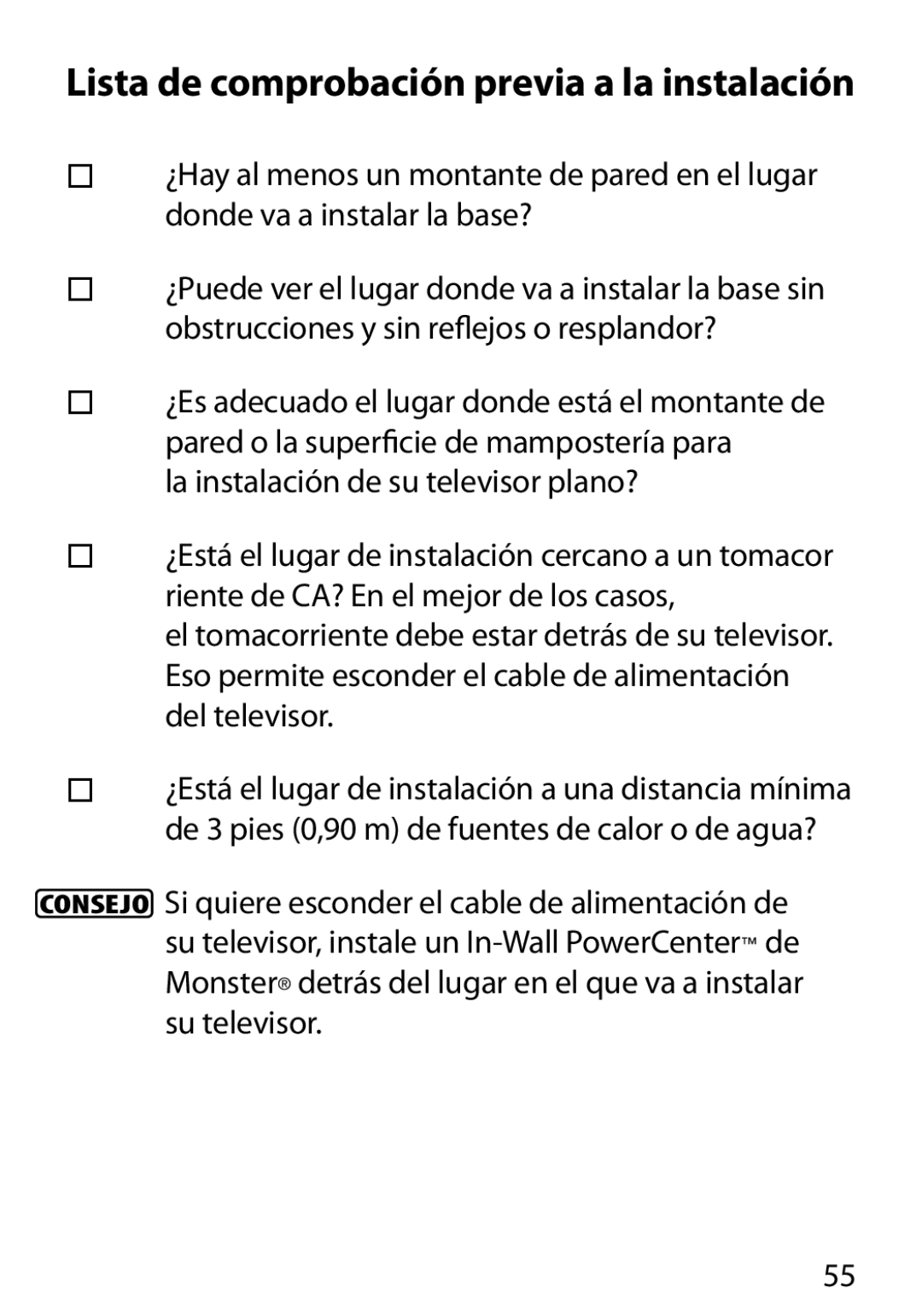 Monster Cable 400S warranty Lista de comprobación previa a la instalación, La instalación de su televisor plano? 