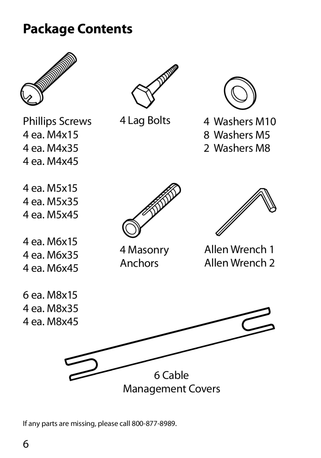 Monster Cable 450L Lag Bolts, Ea. M4x15, Ea. M4x35, Ea. M4x45 Ea. M5x15 Ea. M5x35 Ea. M5x45 Ea. M6x15 Masonry, Ea. M6x35 