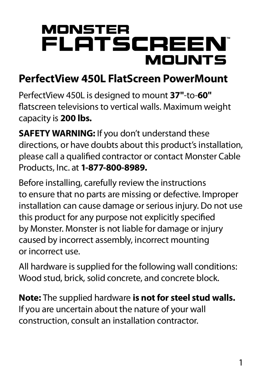 Monster Cable manual PerfectView 450L FlatScreen PowerMount, Before installing, carefully review the instructions 