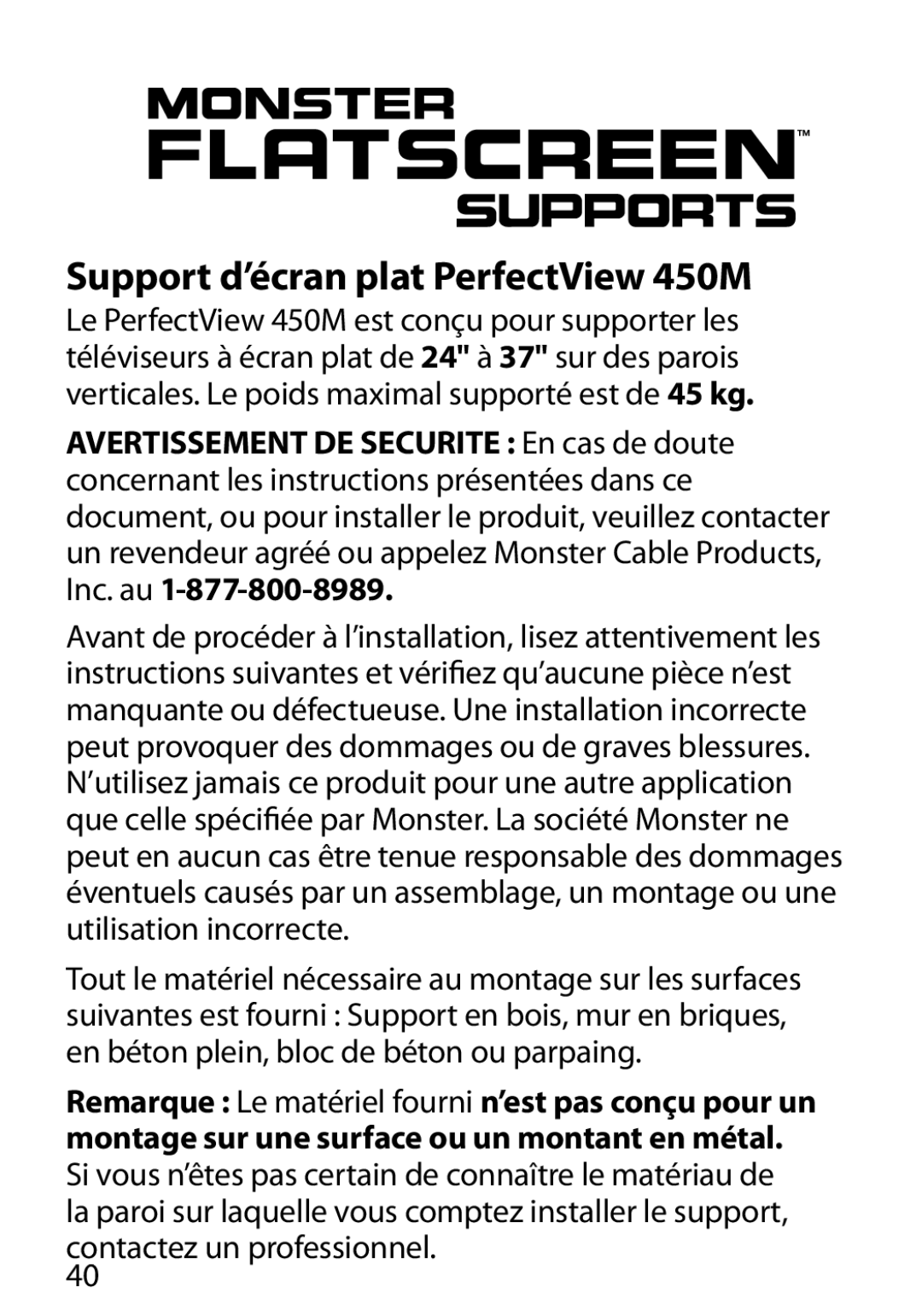 Monster Cable manual Support d’écran plat PerfectView 450M, Contactez un professionnel 