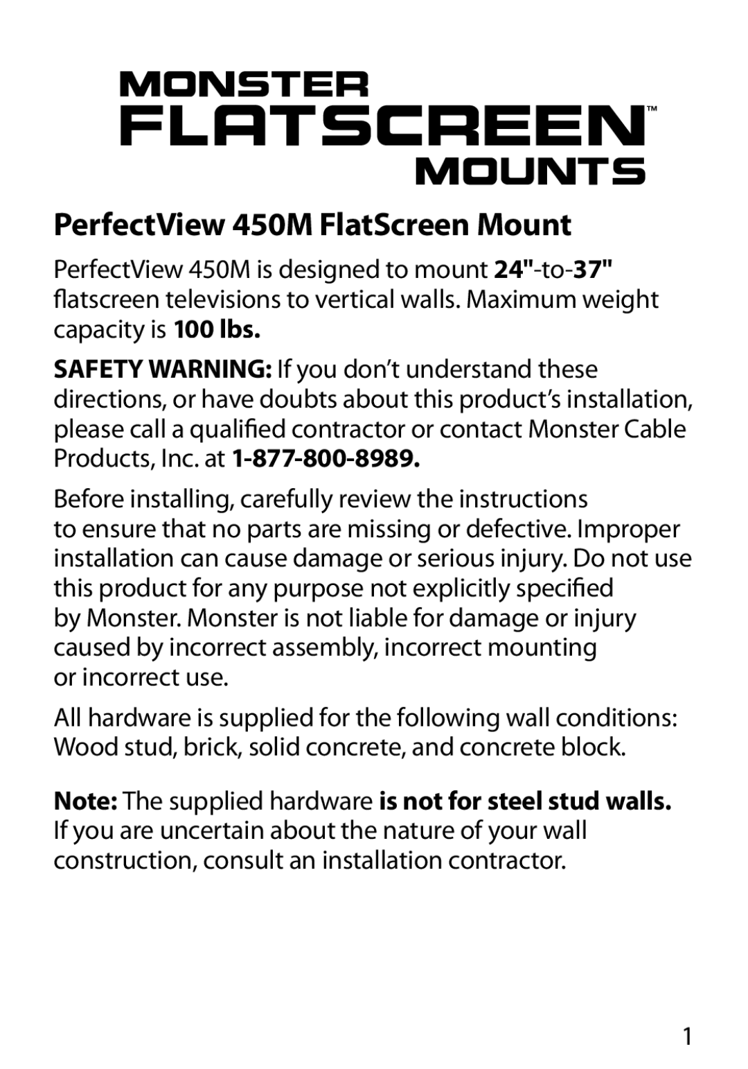 Monster Cable manual PerfectView 450M FlatScreen Mount, Before installing, carefully review the instructions 