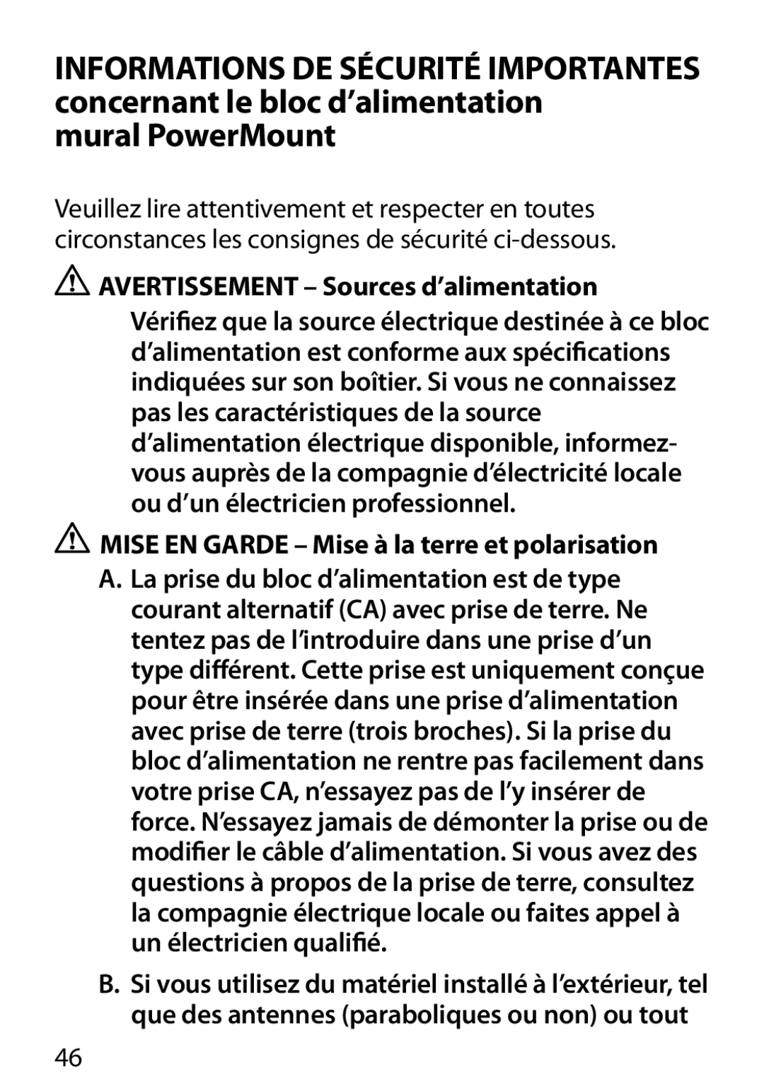 Monster Cable 450M Mural PowerMount, Avertissement Sources d’alimentation, Mise EN Garde Mise à la terre et polarisation 