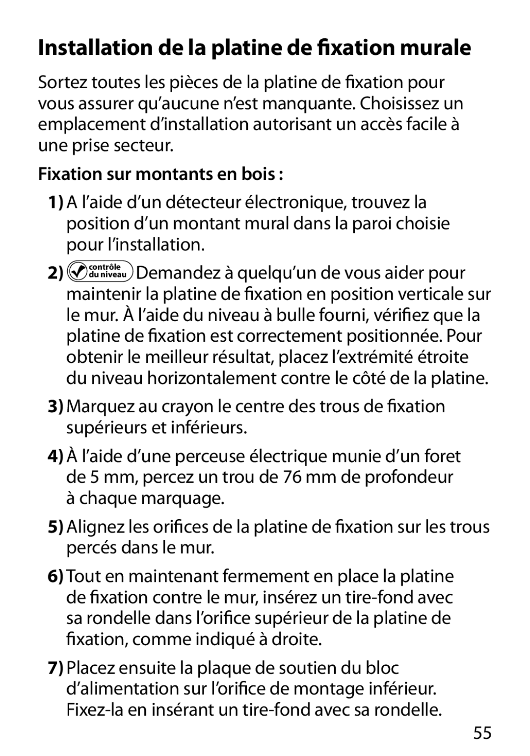 Monster Cable 450M manual Installation de la platine de ﬁxation murale, Fixation sur montants en bois, Pour l’installation 