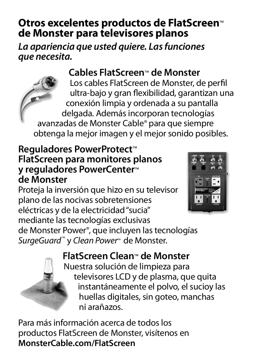 Monster Cable 450M manual Cables FlatScreen de Monster, AtScreen Clean de Monster 