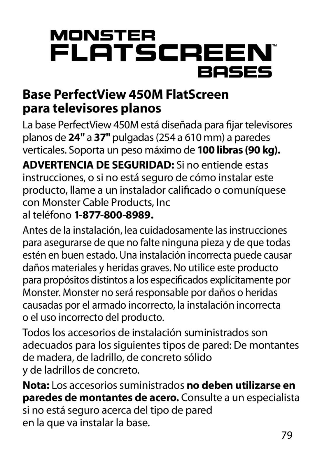 Monster Cable manual Base PerfectView 450M FlatScreen para televisores planos, Al teléfono, De ladrillos de concreto 