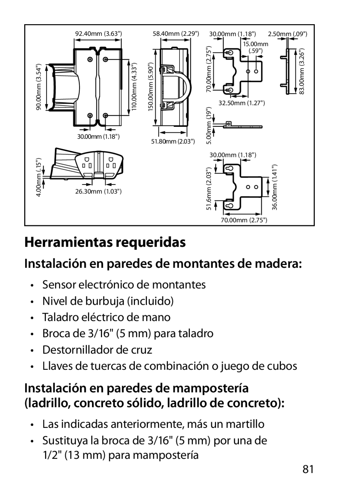 Monster Cable 450M manual Herramientas requeridas, Instalación en paredes de montantes de madera, mm para mampostería 