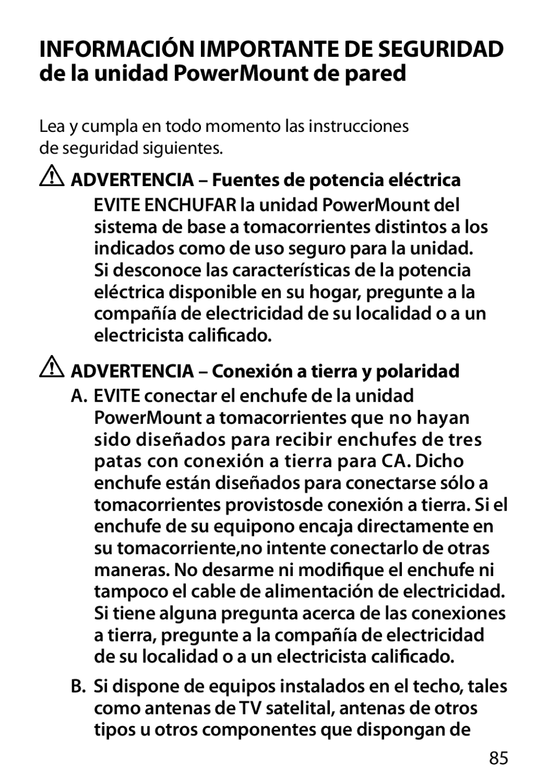 Monster Cable 450M manual Advertencia Fuentes de potencia eléctrica, Advertencia Conexión a tierra y polaridad 