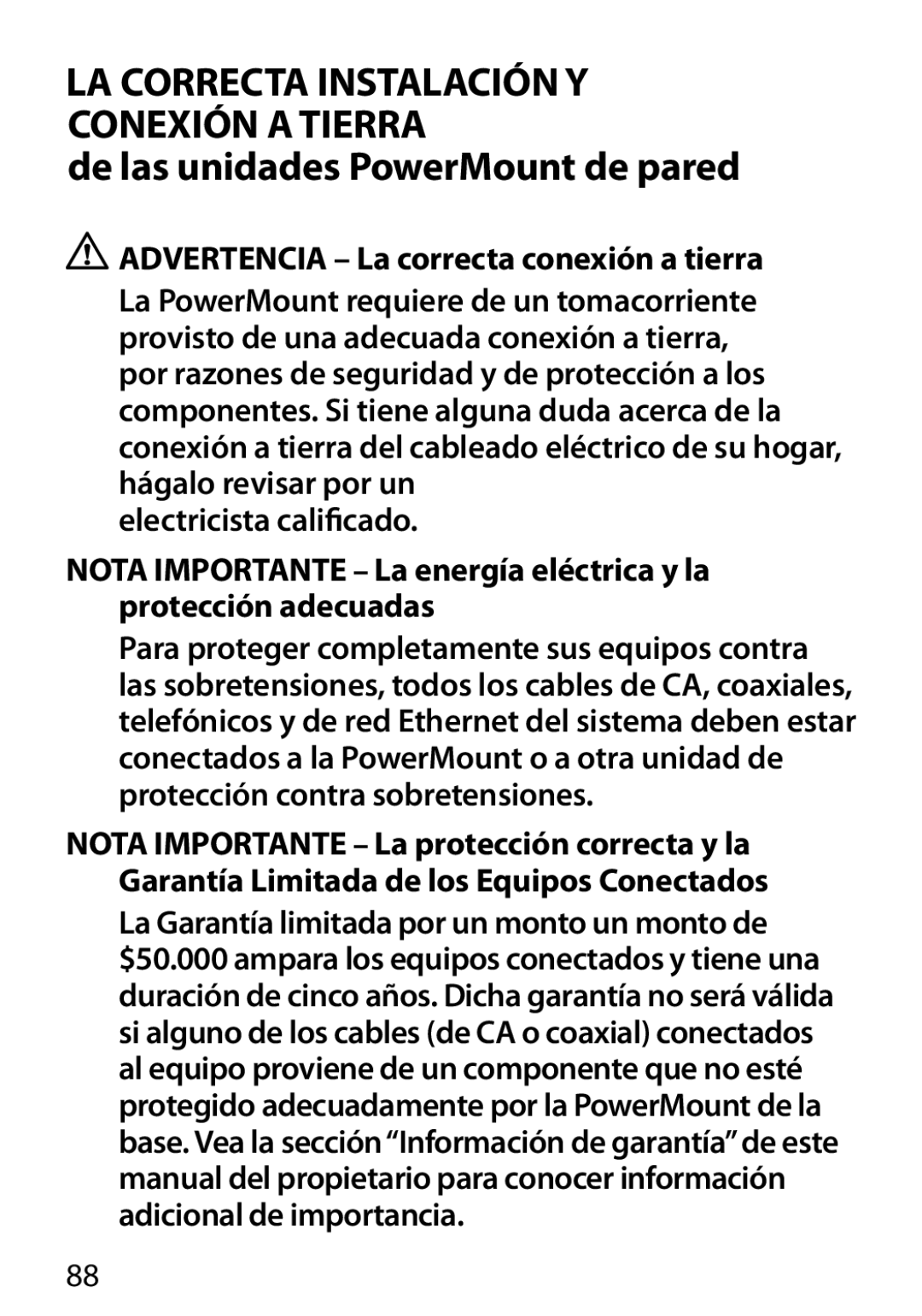 Monster Cable 450M manual LA Correcta Instalación Y Conexión a Tierra, De las unidades PowerMount de pared 