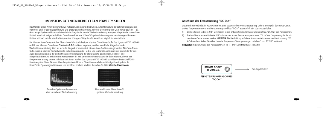 Monster Cable 5100 MKII manual Monsters Patententierte Clean Power Stufen, Anschluss der Fernsteuerung DC Out 