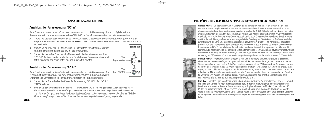 Monster Cable 5100 MKII manual DIE Köpfe Hinter DEM Monster POWERCENTER-DESIGN, Anschluss der Fernsteuerung DC, Vom 