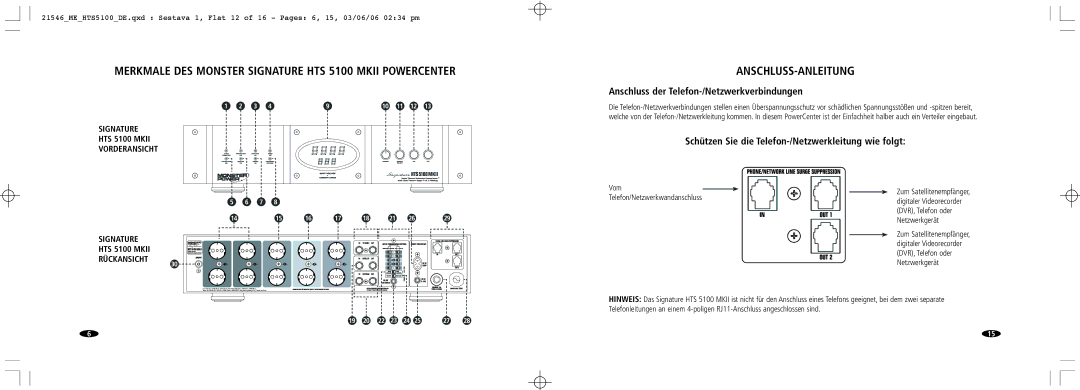 Monster Cable 5100 MKII manual Merkmale DES Monster Signature HTS 5100 Mkii Powercenter, Vom Telefon/Netzwerkwandanschluss 