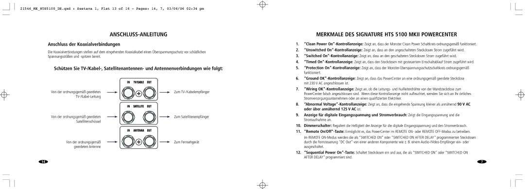 Monster Cable 5100 MKII manual Merkmale DES Signature HTS 5100 Mkii Powercenter, Anschluss der Koaxialverbindungen 