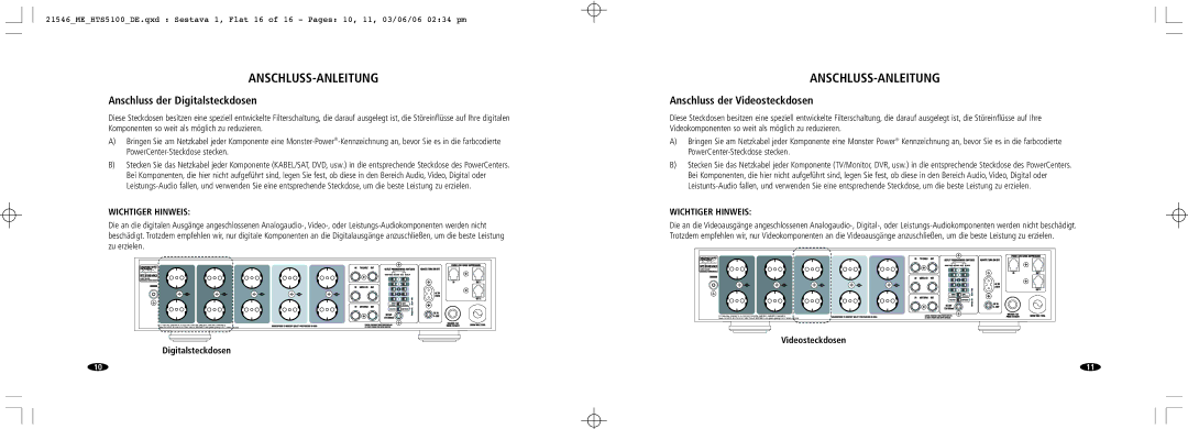 Monster Cable 5100 MKII manual Anschluss der Digitalsteckdosen, Anschluss der Videosteckdosen 