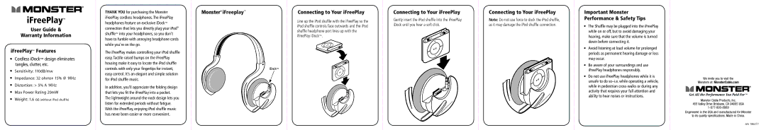 Monster Cable Cordless Headphone warranty User Guide Warranty Information IFreePlay Features, Connecting to Your iFreePlay 