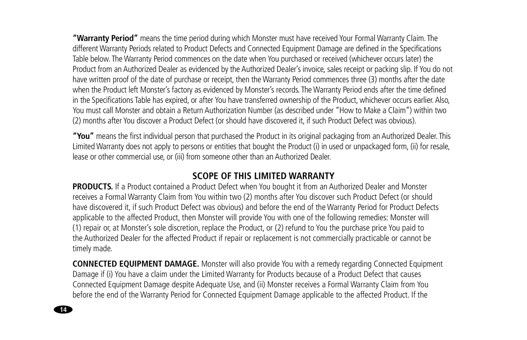 Monster Cable HTFS 450 owner manual Scope of this Limited Warranty 