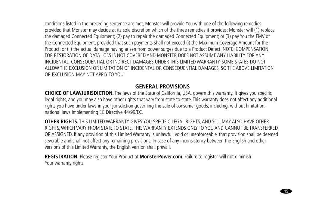 Monster Cable HTFS 450 owner manual General Provisions 