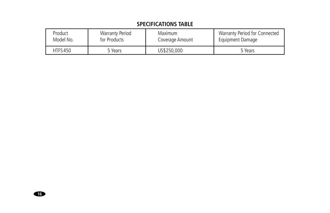 Monster Cable HTFS 450 owner manual Specifications Table 