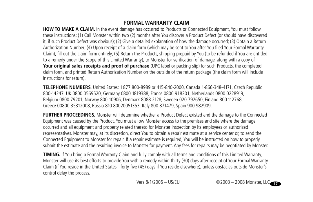 Monster Cable HTFS 450 owner manual Formal Warranty Claim, Vers 8/1/2006 US/EU 