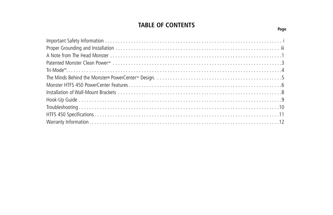 Monster Cable HTFS 450 owner manual Table of Contents 