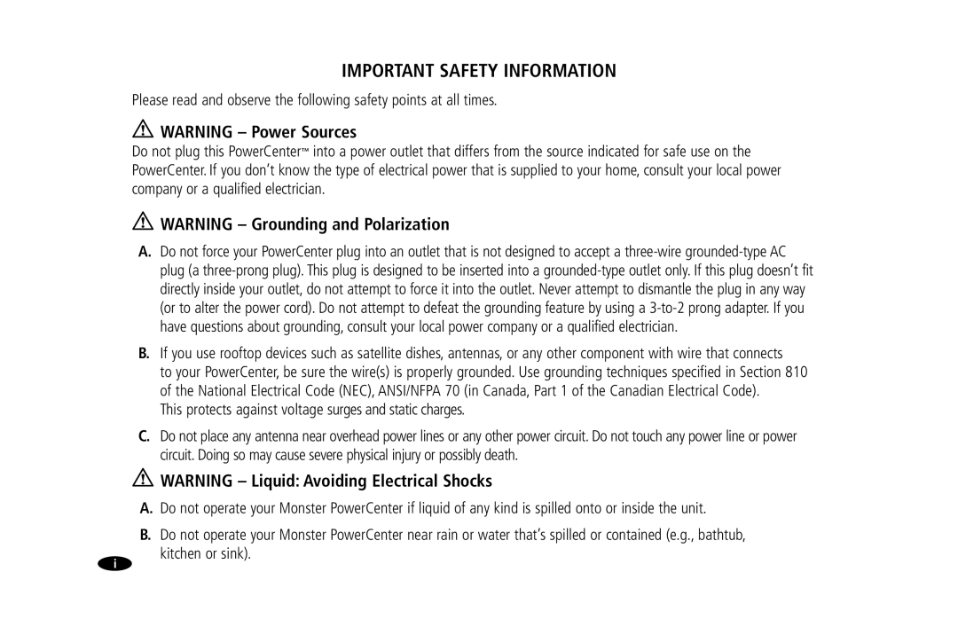 Monster Cable HTFS 450 owner manual Important Safety Information 