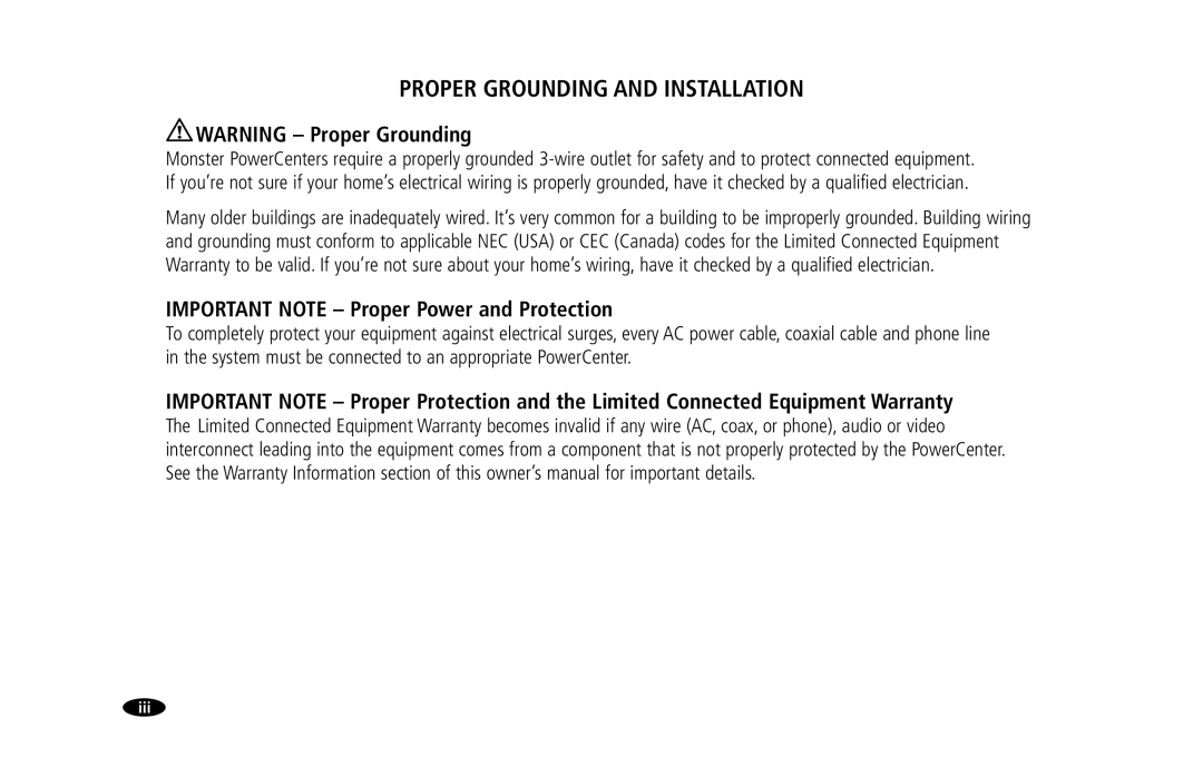 Monster Cable HTFS 450 owner manual Proper Grounding and Installation, Important Note Proper Power and Protection 