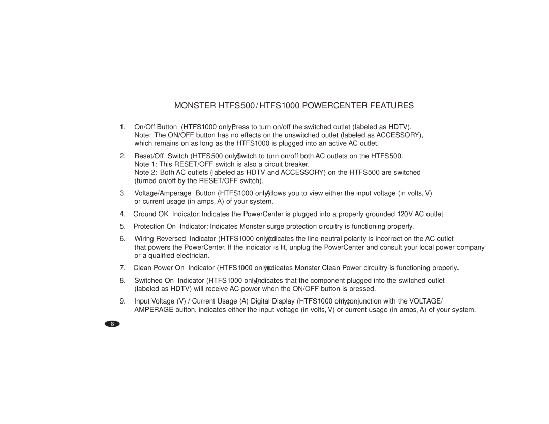 Monster Cable owner manual Monster HTFS500 / HTFS1000 Powercenter Features 