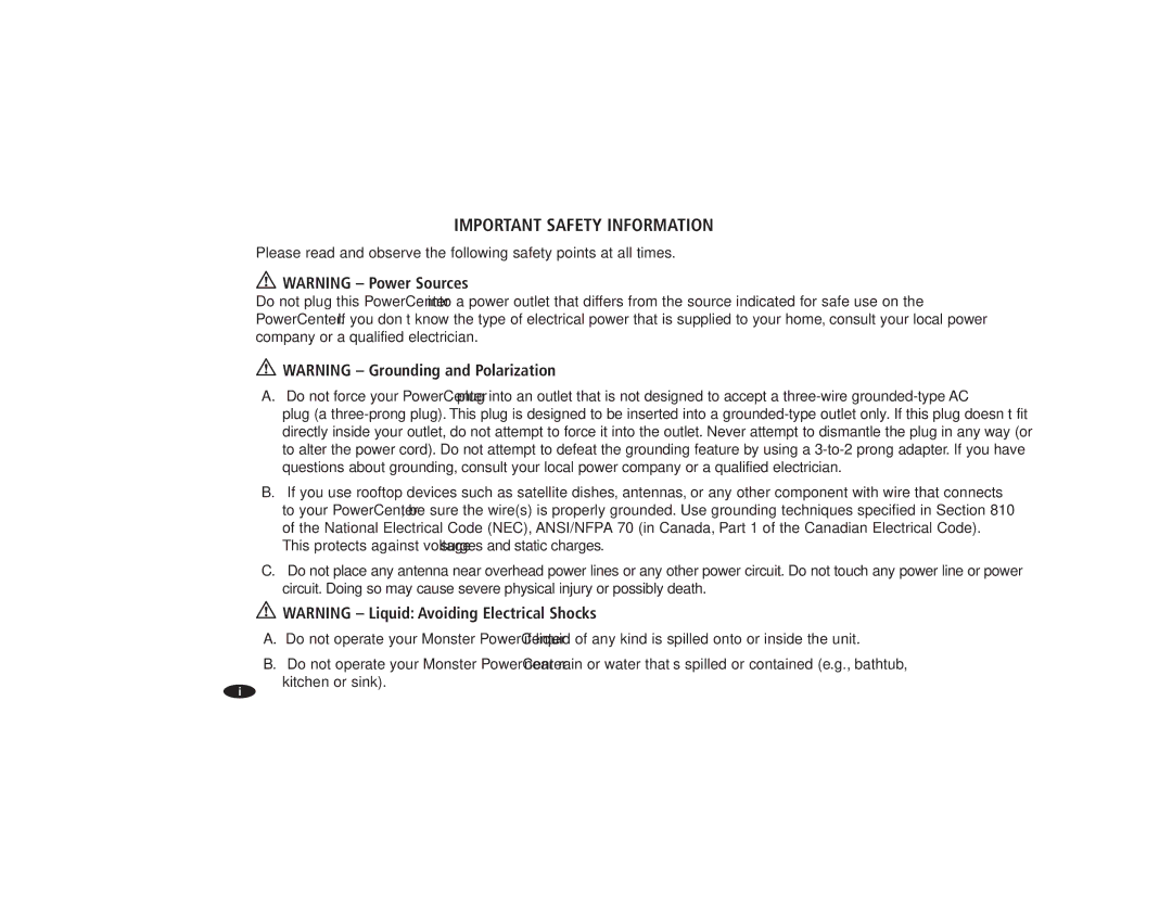 Monster Cable HTFS1000, HTFS500 owner manual Important Safety Information 