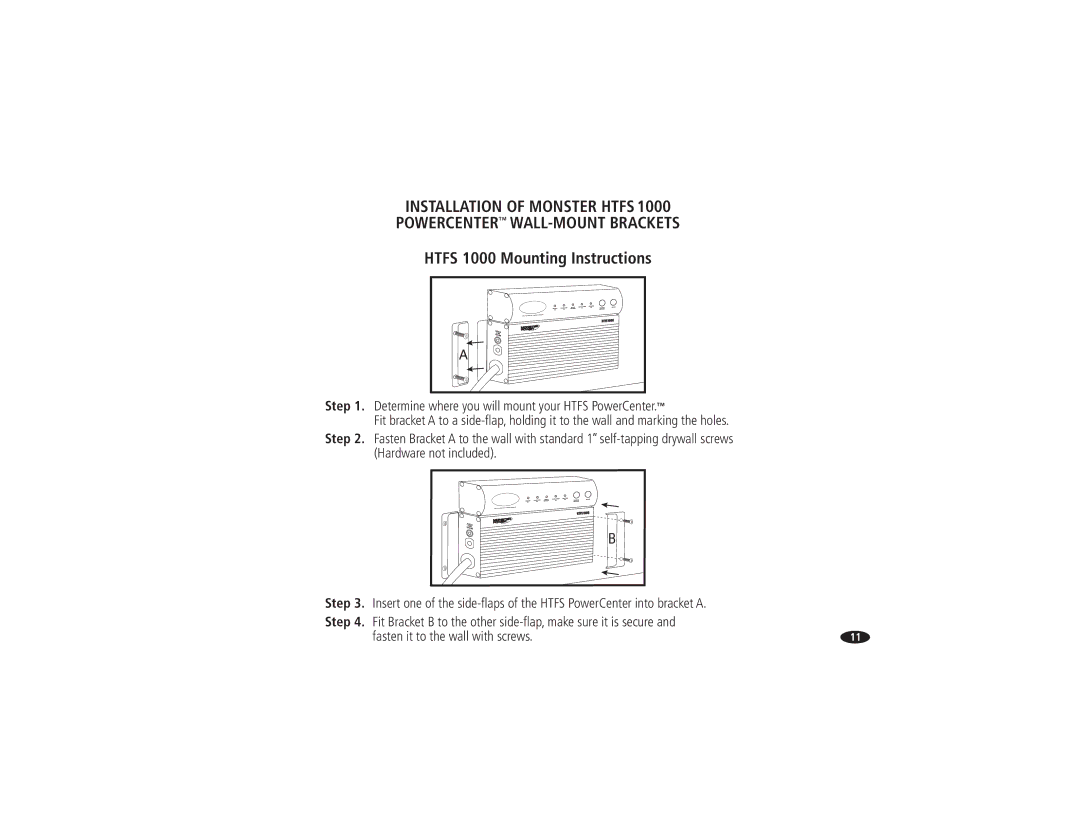 Monster Cable HTFS500, HTFS1000 owner manual Htfs 1000 Mounting Instructions 